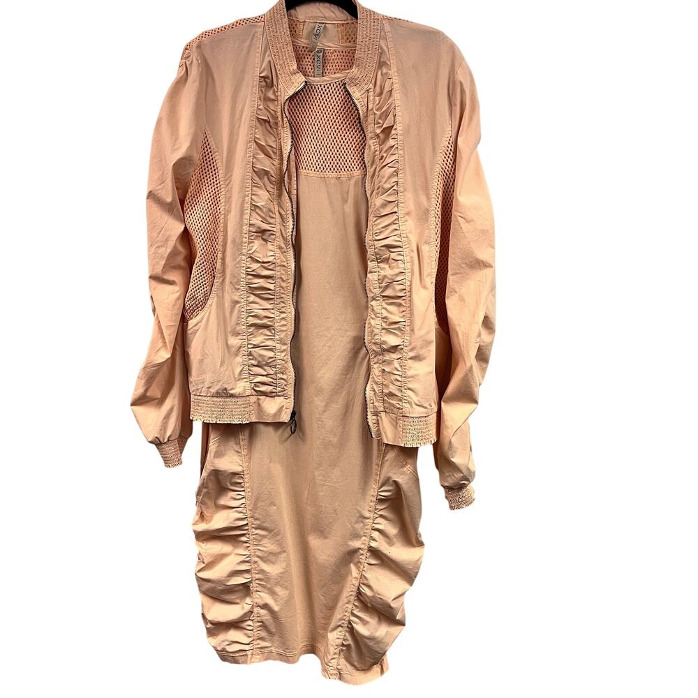 women's XCVI Lg Ruched mesh jersey knit poplin mix t-shirt dress bomber jacket
